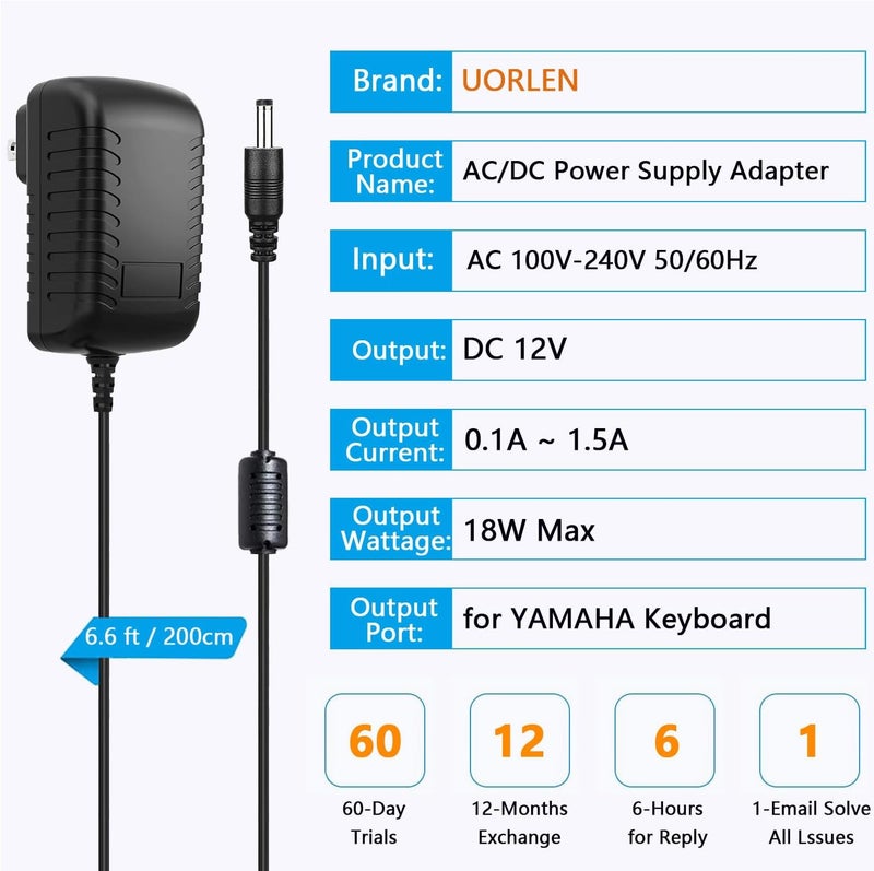 UORLEN سلك طاقة DC 12V لبيانو ياماها PSR YTP YTG EZ P Series PSR-E273 PSR-500 PSR-EW300 PSR-EW310 PSR-E373 PSR-E413 PSR-E473 P-60 P-125 بديل PA130 PA150 محول الطاقة - Image 5